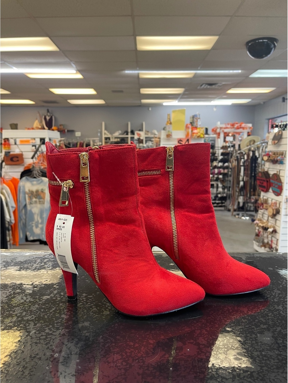 Red Suede Women's Ankle Boots with Gold Zipper Detail